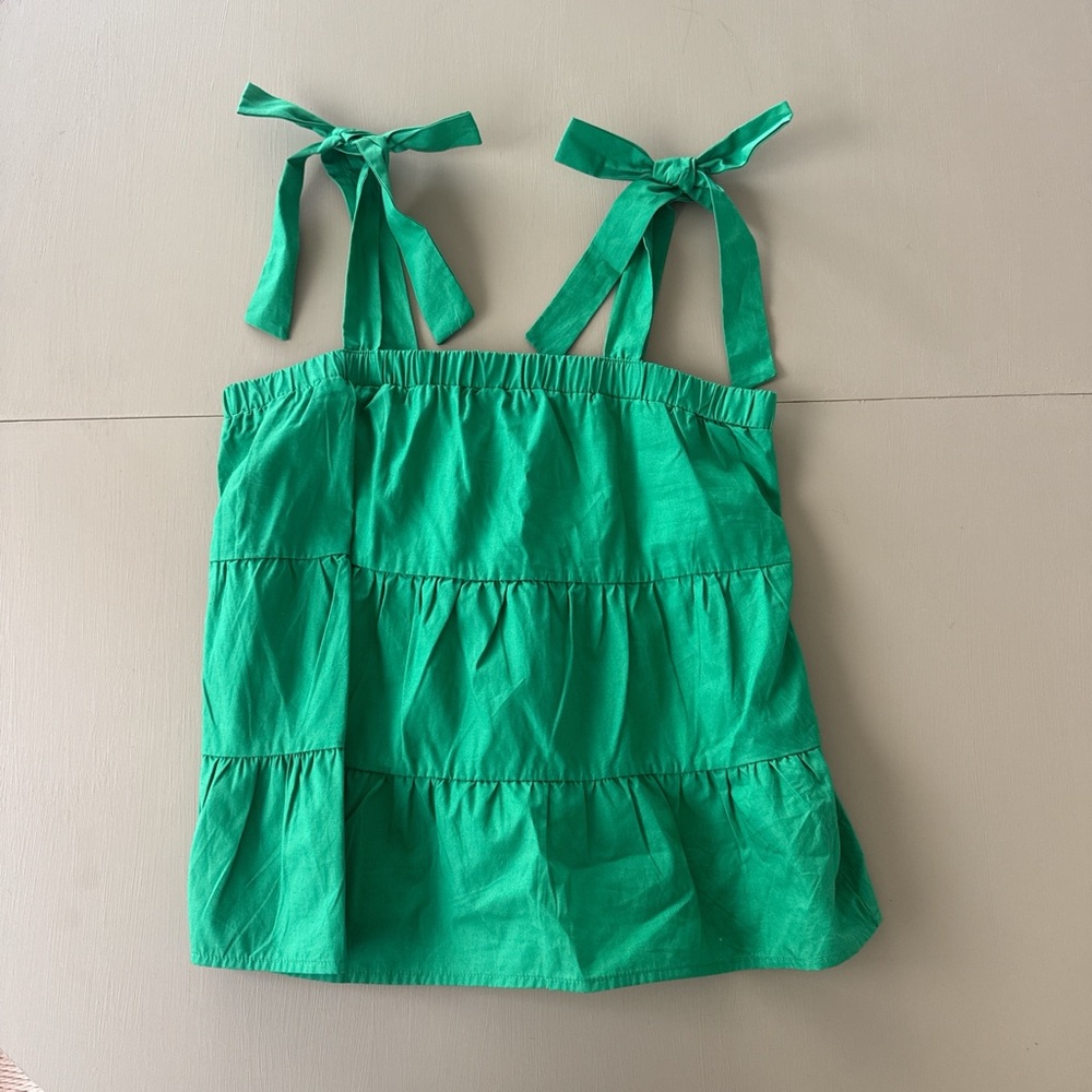 Green Tie-Shoulder Tiered Cotton Tank Top